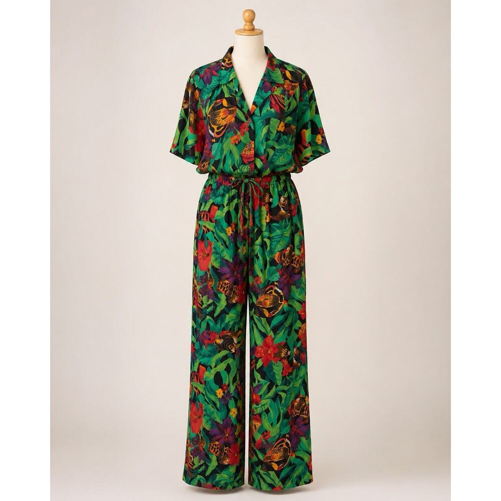 Vintage 90s Carol Little 3 Piece Tropical Rayon Set Top Skirt Pants USA Size 10 - Picture 3 of 16